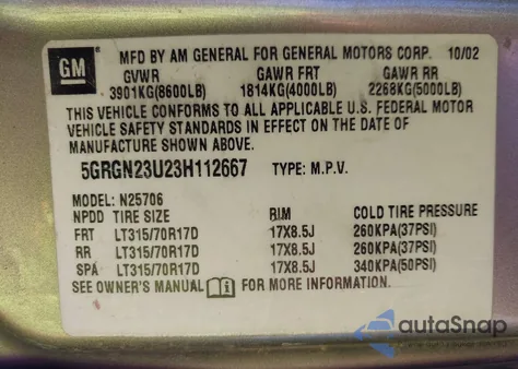 2003 Hummer H2 z USA, uszkodzony, nr VIN 5GRGN23U23H112667